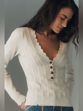 NWT Anthropologie V-Neck Scalloped Pointelle Button Knit Sweater, Small